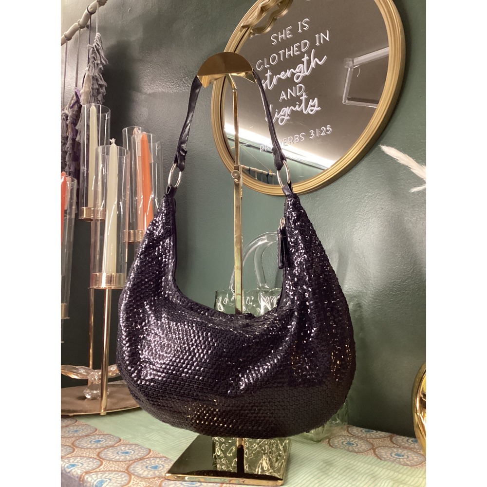 Giannini Black Sequin Hobo Shoulder Bag‎ with Scarf Accent Faux Leather Strap - Picture 2 of 6